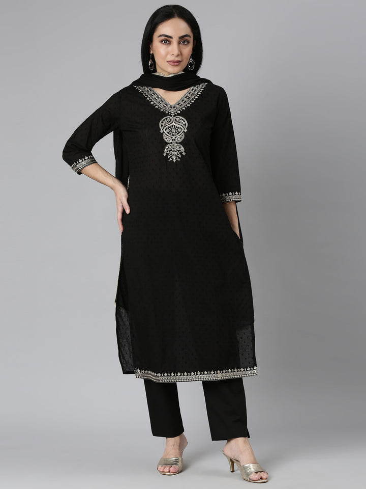 Neerus Black Regular Straight Solid Kurta and Trousers With Dupatta