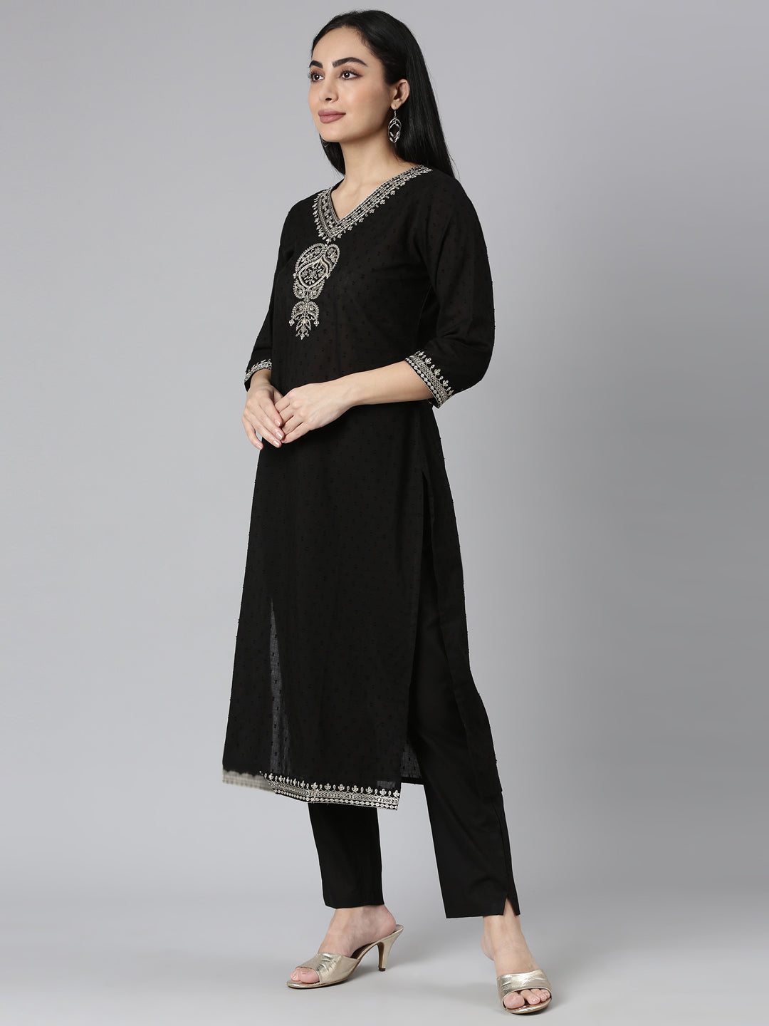 Neerus Black Regular Straight Solid Kurta and Trousers With Dupatta
