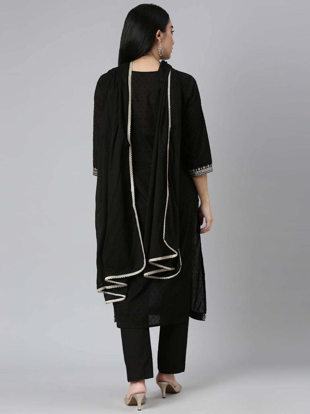 Neerus Black Regular Straight Solid Kurta and Trousers With Dupatta