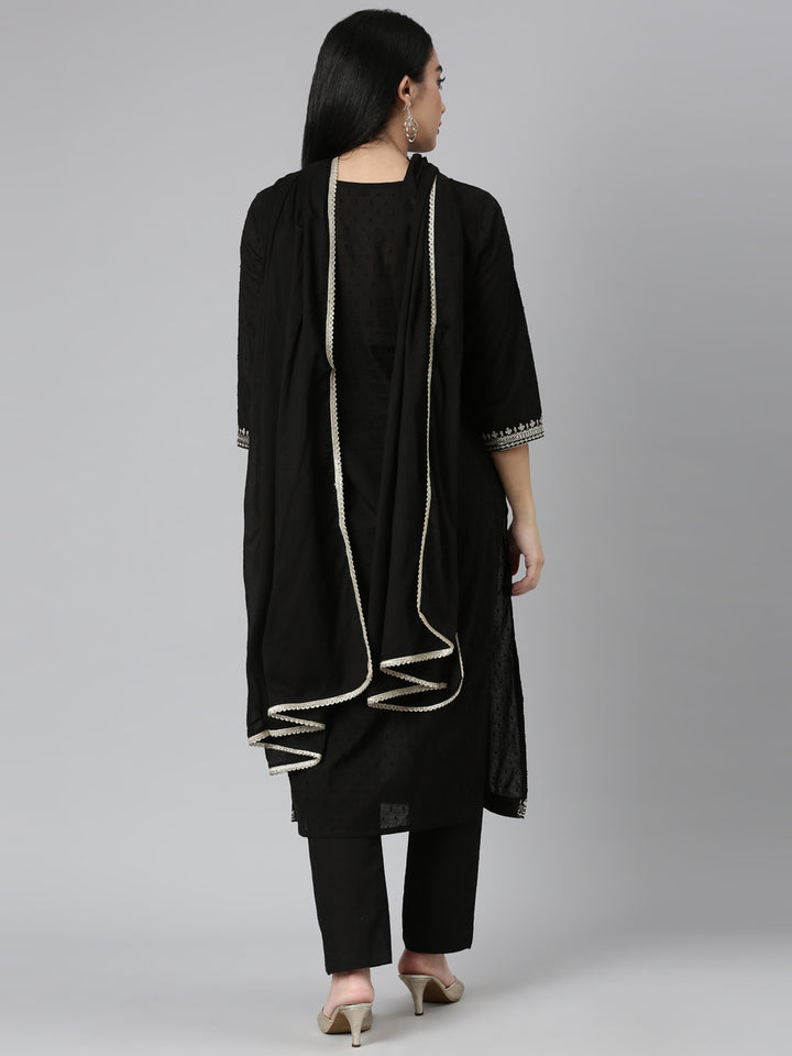 Neerus Black Regular Straight Solid Kurta and Trousers With Dupatta