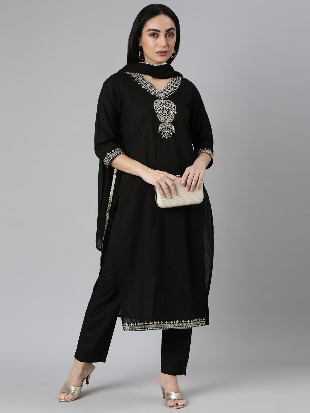 Neerus Black Regular Straight Solid Kurta and Trousers With Dupatta