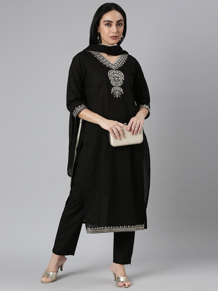 Neerus Black Regular Straight Solid Kurta and Trousers With Dupatta