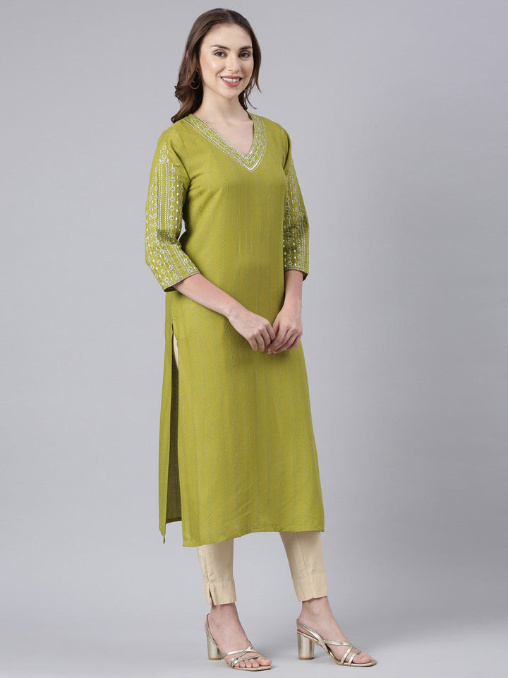 Neerus Green Panelled Straight Floral Kurtas
