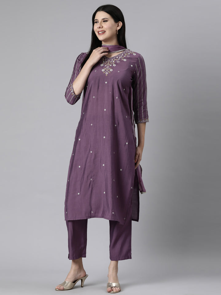 Neerus Lavender Casual Floral Straight Kurta and Trousers With Dupatta