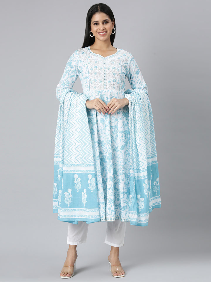 Neerus Blue Panelled Straight Printed Kurta and Trousers With Dupatta