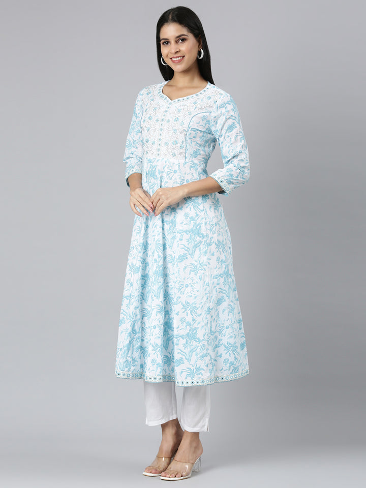 Neerus Blue Panelled Straight Printed Kurta and Trousers With Dupatta
