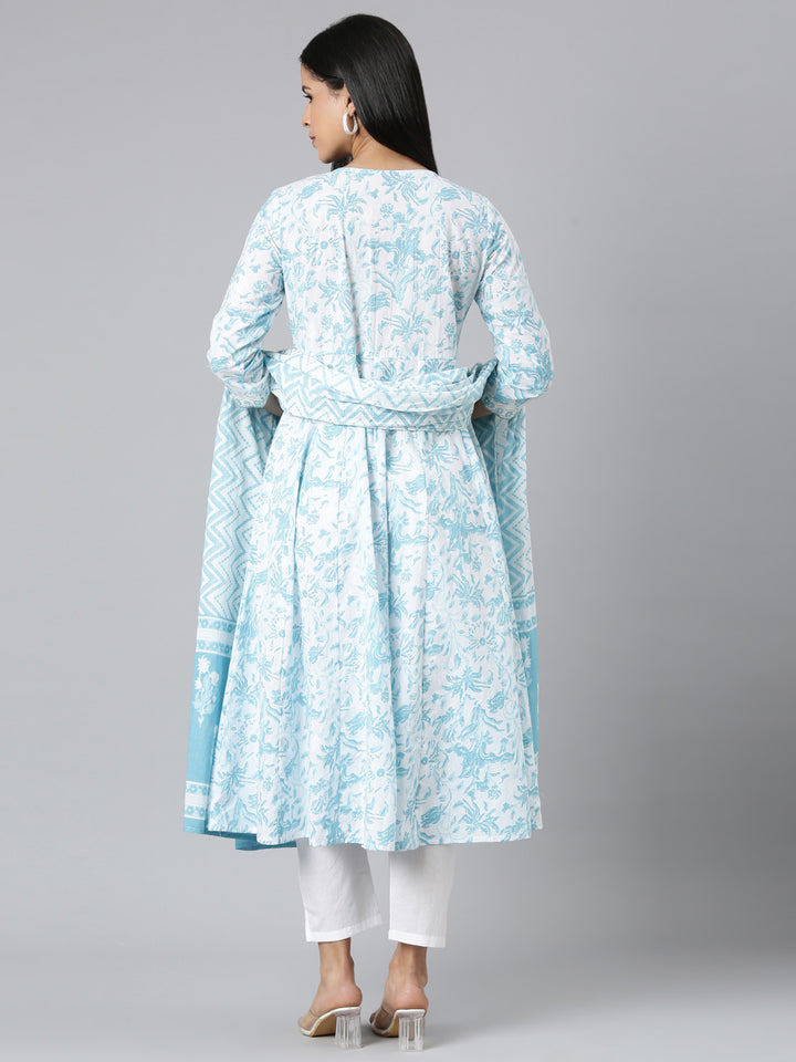 Neerus Blue Panelled Straight Printed Kurta and Trousers With Dupatta