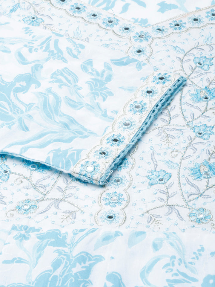 Neerus Blue Panelled Straight Printed Kurta and Trousers With Dupatta