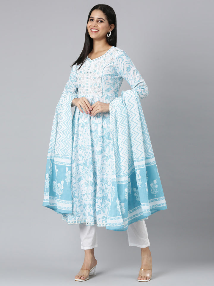Neerus Blue Panelled Straight Printed Kurta and Trousers With Dupatta