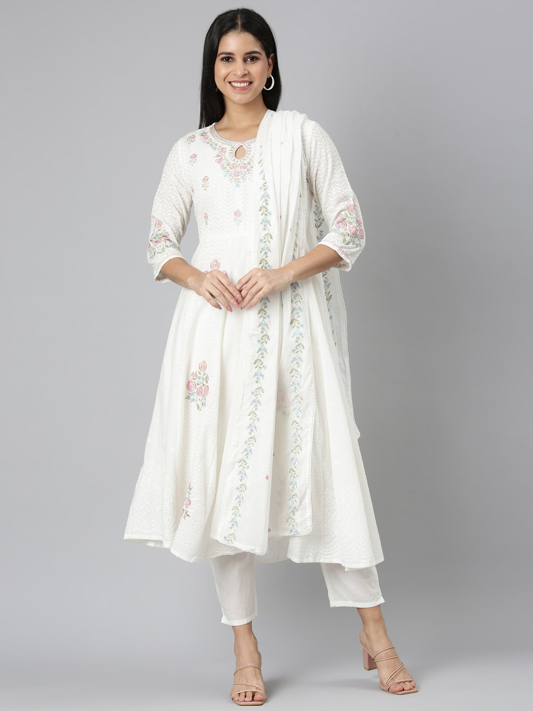 Neerus Off White Regular Straight Solid Kurta and Trousers With Dupatta