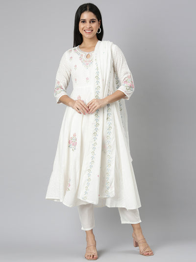 Neerus Off White Regular Straight Solid Kurta and Trousers With Dupatta