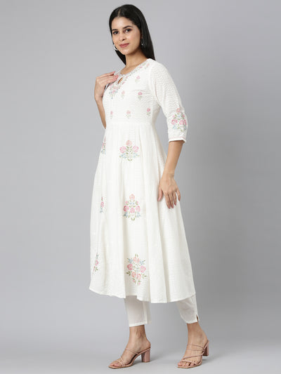 Neerus Off White Regular Straight Solid Kurta and Trousers With Dupatta