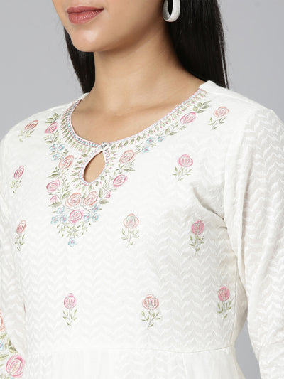 Neerus Off White Regular Straight Solid Kurta and Trousers With Dupatta