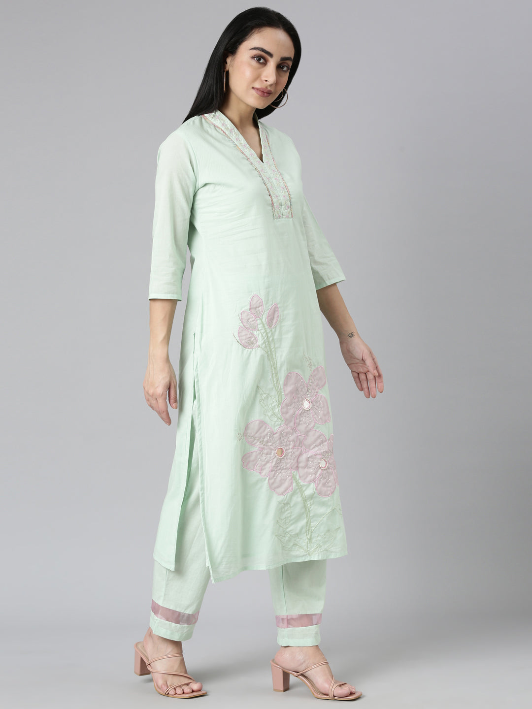 Neerus Green Regular Straight Solid Kurta and Trousers With Dupatta
