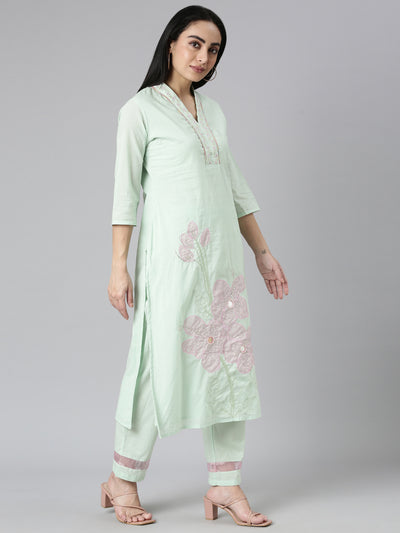 Neerus Green Regular Straight Solid Kurta and Trousers With Dupatta