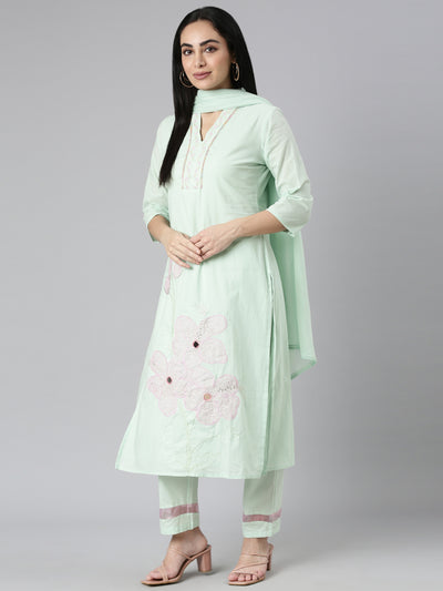 Neerus Green Regular Straight Solid Kurta and Trousers With Dupatta