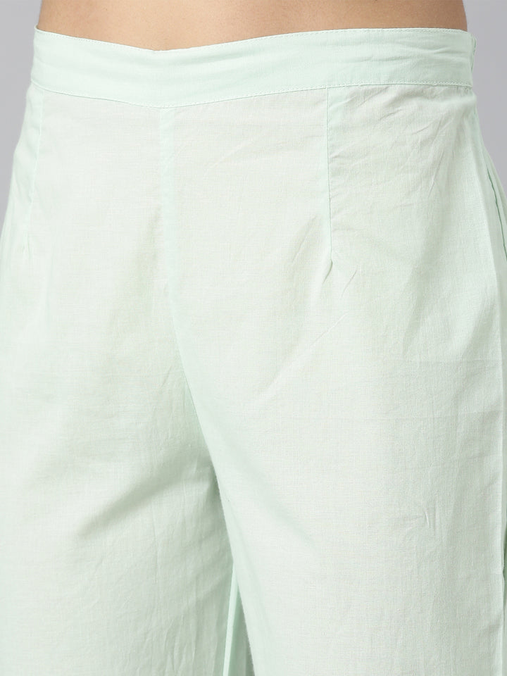 Neerus Green solid straight kurta suit set with trouser and dupatta - detail view 3