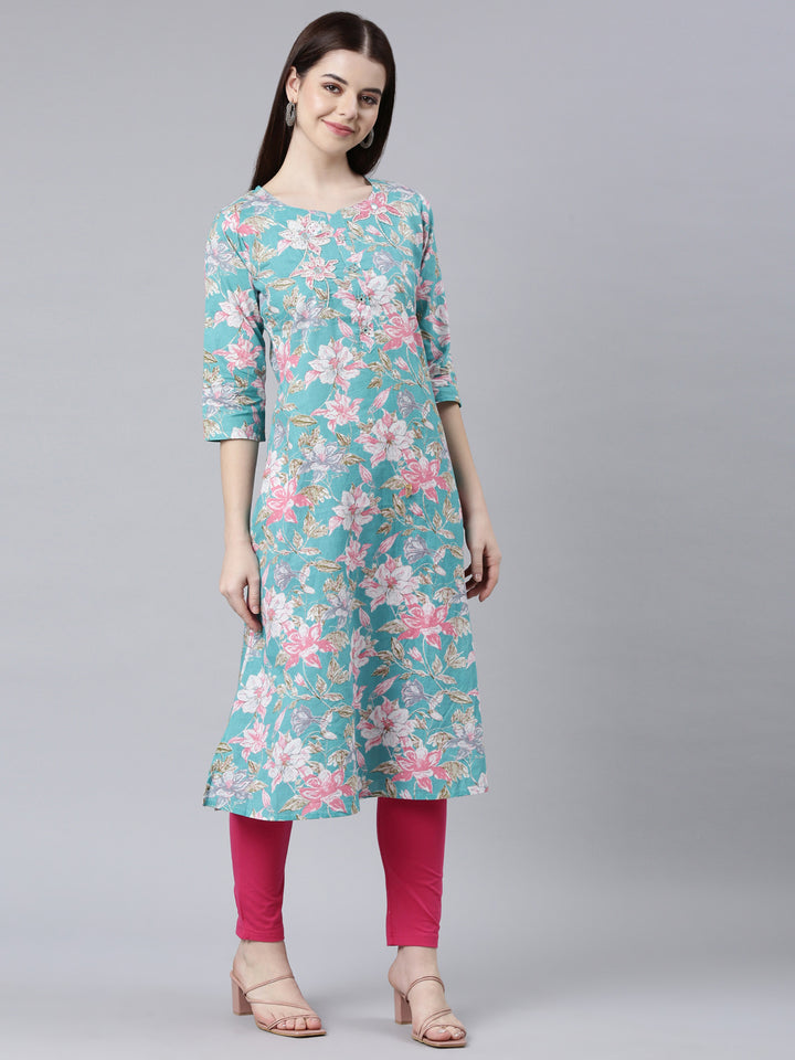 Neerus Sea Green Straight Casual Floral Straight Kurtas