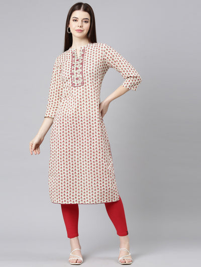 Neerus Cream Straight Casual Floral Straight Kurtas