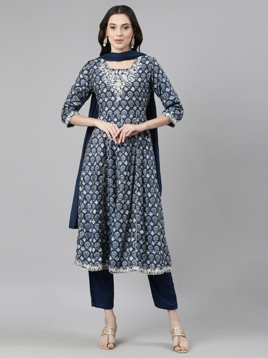 Neerus Blue Quirky Embroidered Modal Anarkali Suit Set