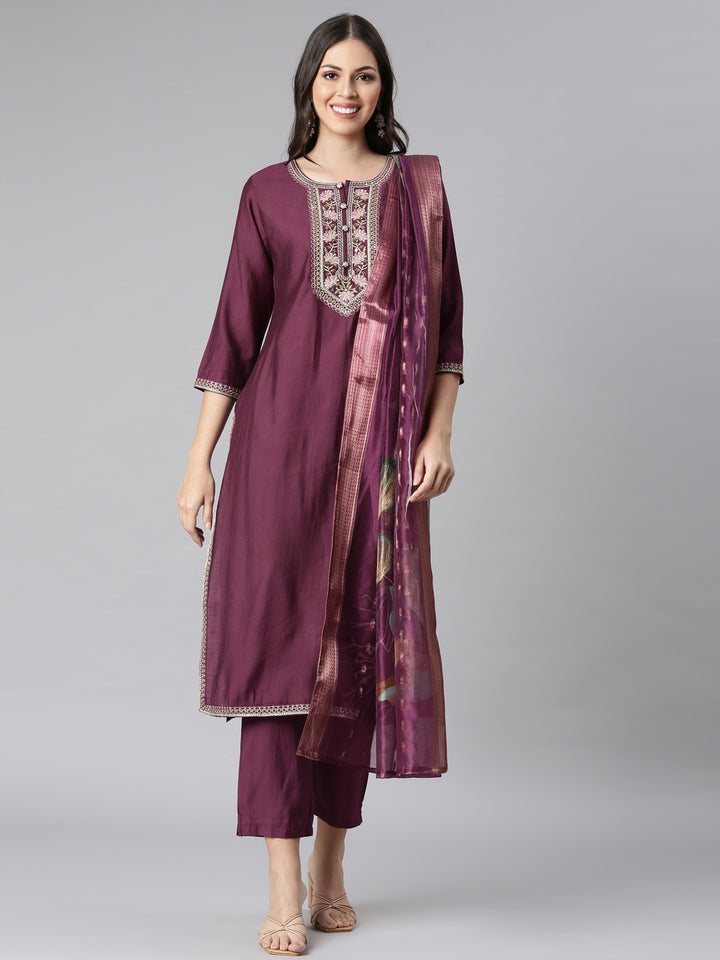 Neerus Purple Printed Straight Kurta and Trousers With Dupatta