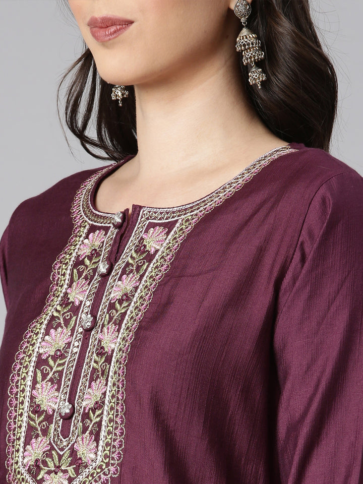 Neerus Purple Printed Straight Kurta and Trousers With Dupatta