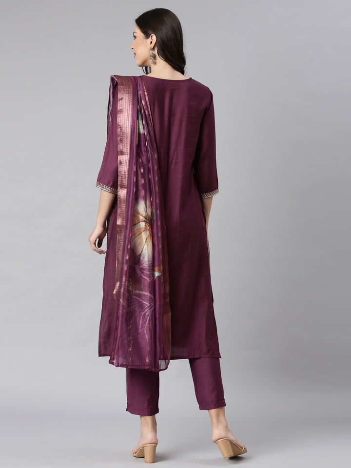 Neerus Purple Printed Straight Kurta and Trousers With Dupatta