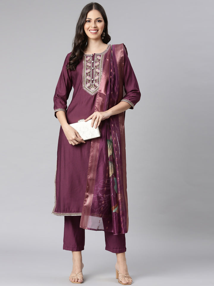 Neerus Purple Printed Straight Kurta and Trousers With Dupatta