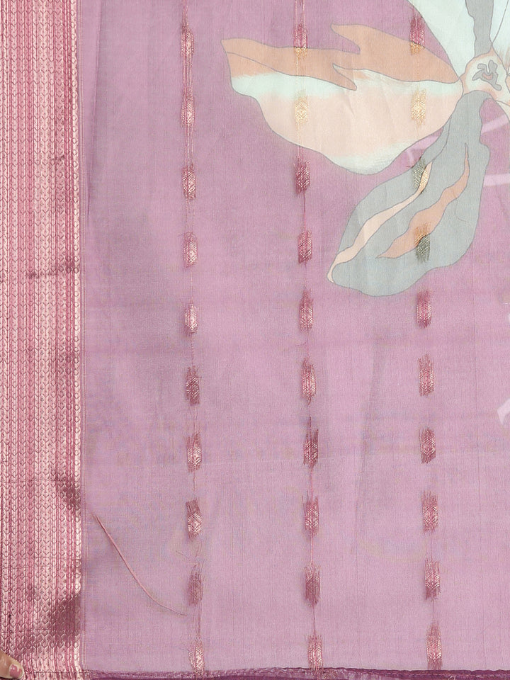 Neerus Purple Printed Straight Kurta and Trousers With Dupatta