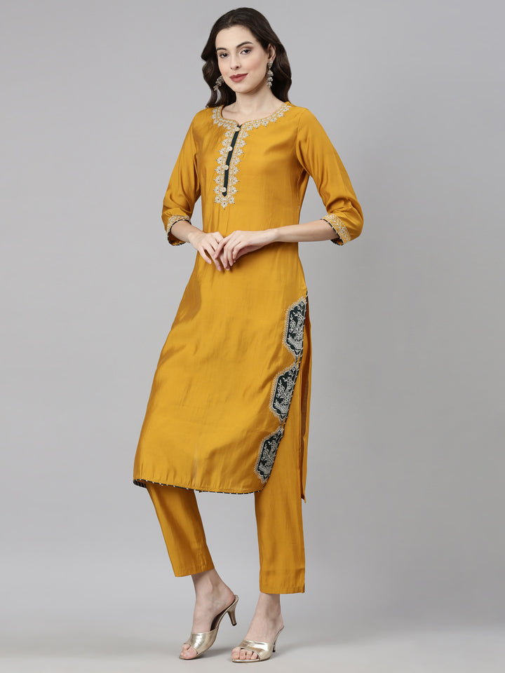 Neerus Mustard Casual Solid Straight Kurta and Trousers With Dupatta