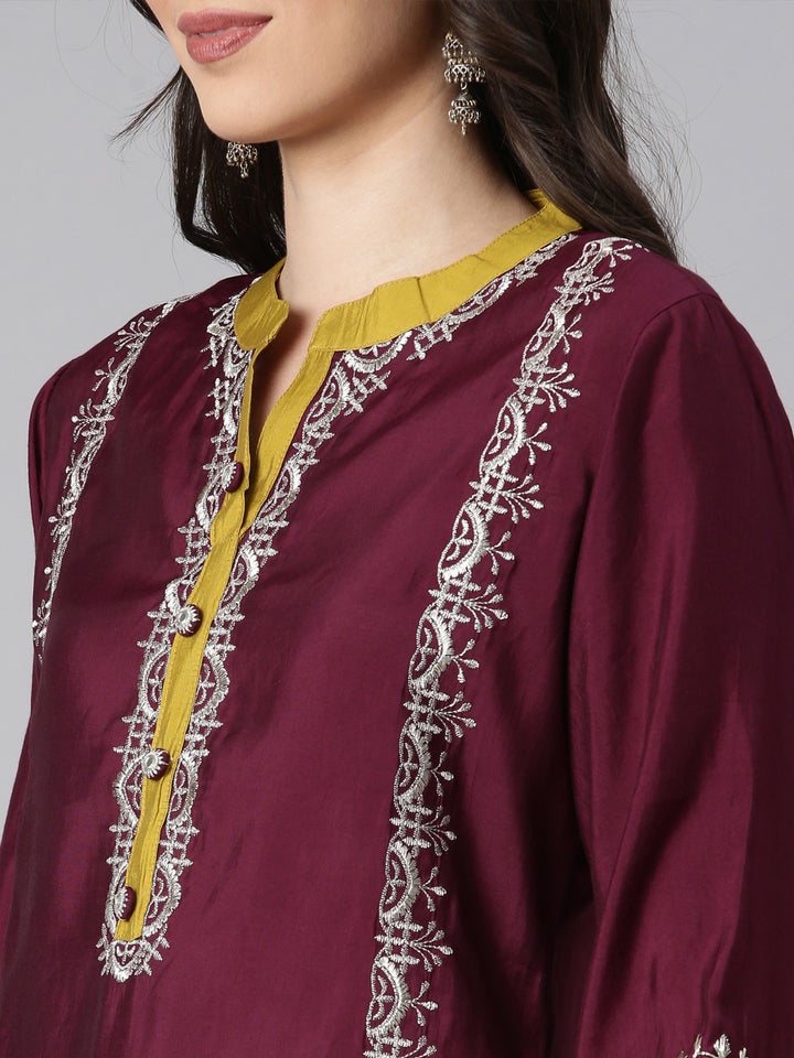 Neerus Red Solid Straight Kurta and Trousers With Dupatta