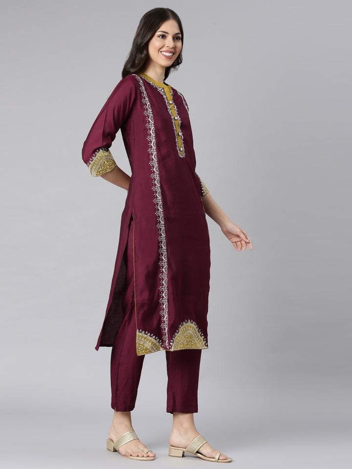 Neerus Red Solid Straight Kurta and Trousers With Dupatta