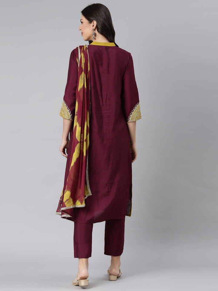 Neerus Red Solid Straight Kurta and Trousers With Dupatta