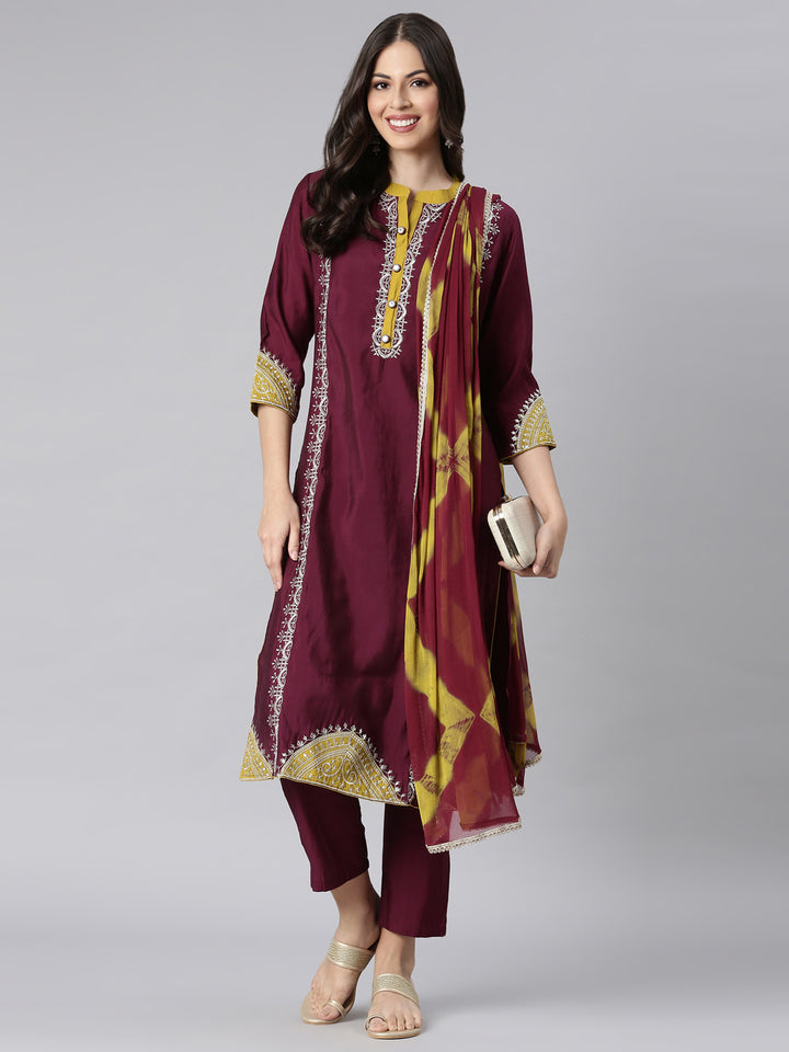 Neerus Red Solid Straight Kurta and Trousers With Dupatta