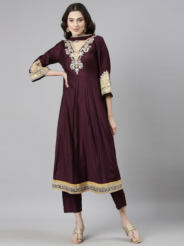 Neerus Purple Casual Solid Anarkali Kurta and Trousers With Dupatta