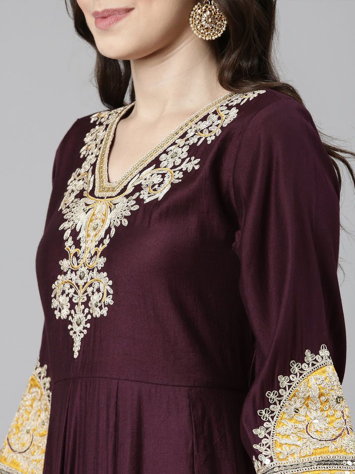 Neerus Purple Casual Solid Anarkali Kurta and Trousers With Dupatta