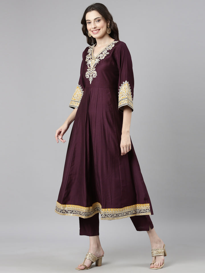 Neerus Purple Casual Solid Anarkali Kurta and Trousers With Dupatta