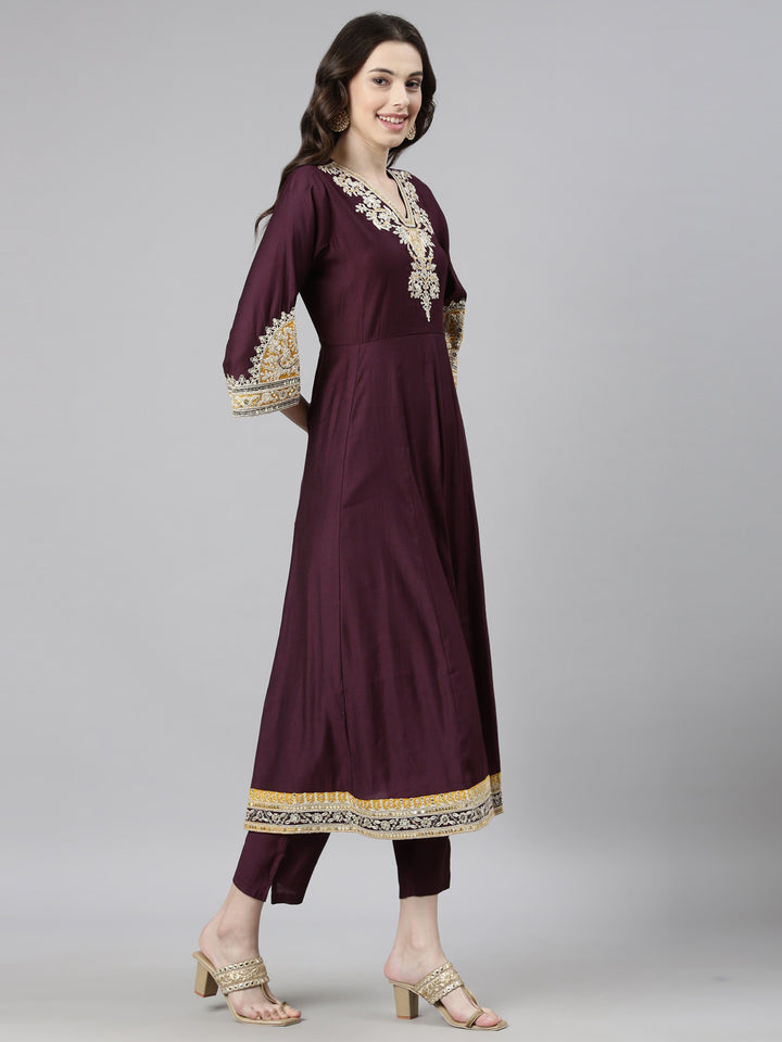 Neerus Purple Casual Solid Anarkali Kurta and Trousers With Dupatta