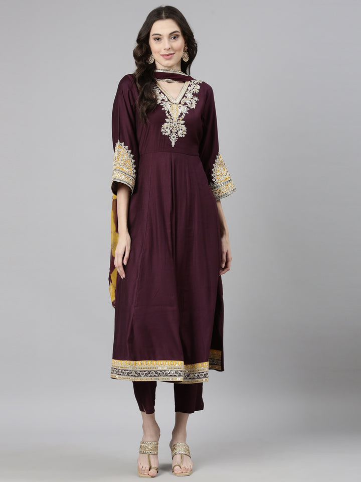 Neerus Purple Casual Solid Anarkali Kurta and Trousers With Dupatta