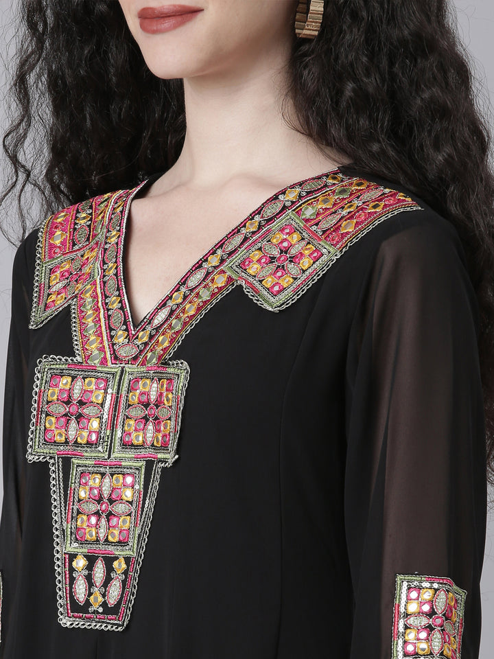 Neerus Black Solid Anarkali Kurta and Trousers With Dupatta