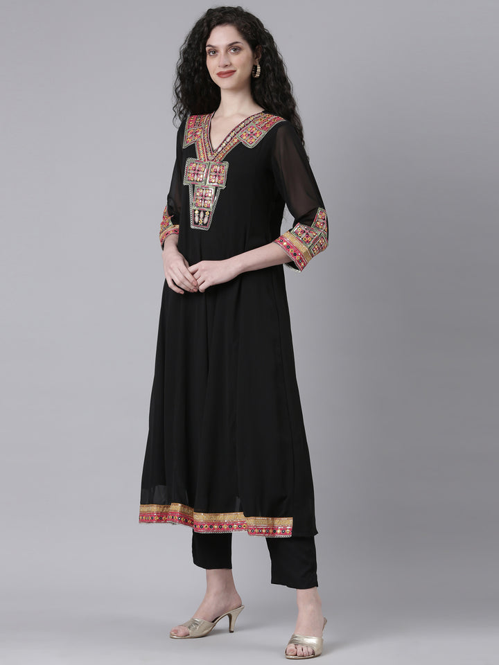 Neerus Black Solid Anarkali Kurta and Trousers With Dupatta