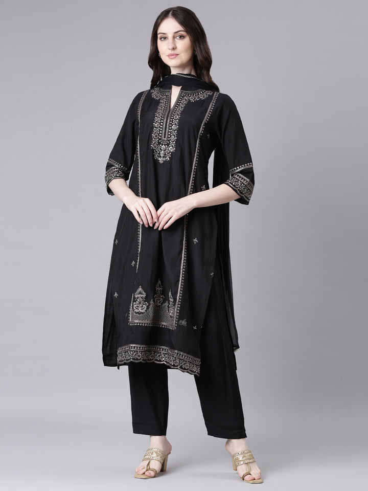 Neerus Black Solid Straight Kurta and Trousers With Dupatta