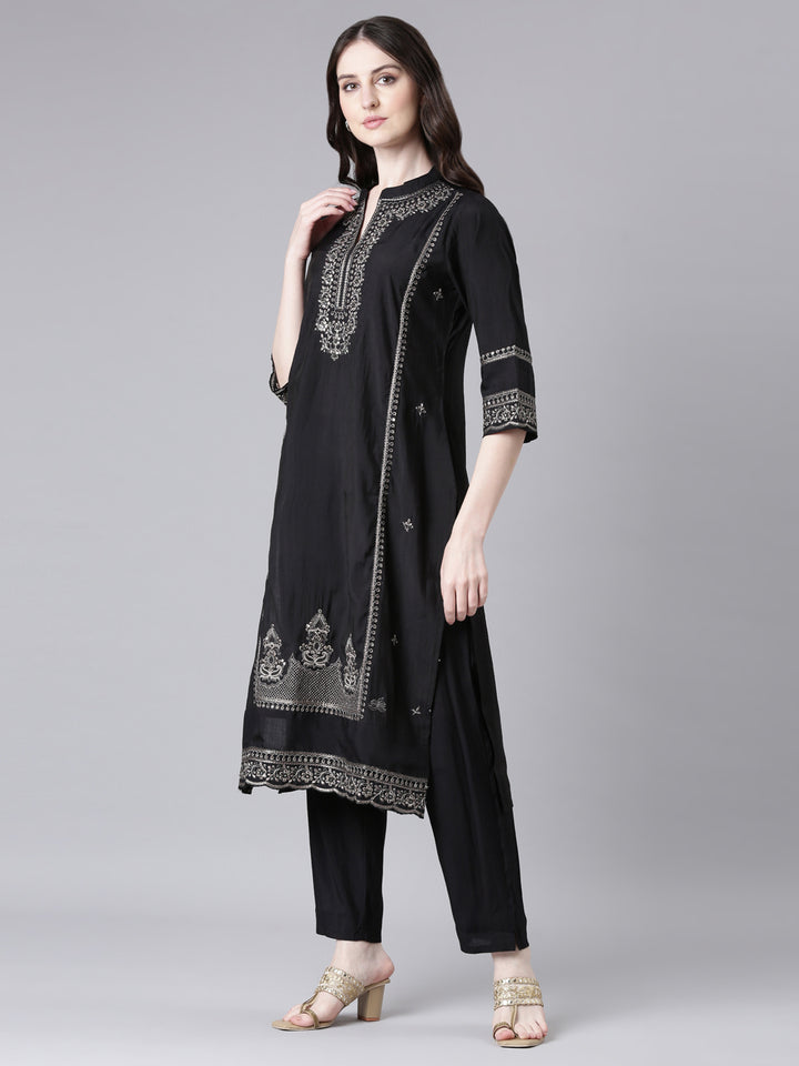 Neerus Black Solid Straight Kurta and Trousers With Dupatta