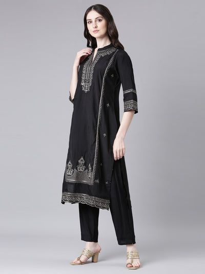 Neerus Black Solid Straight Kurta and Trousers With Dupatta