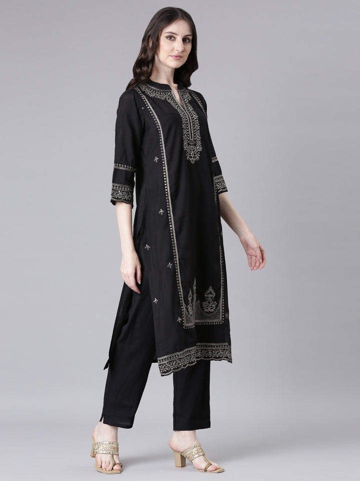 Neerus Black Solid Straight Kurta and Trousers With Dupatta