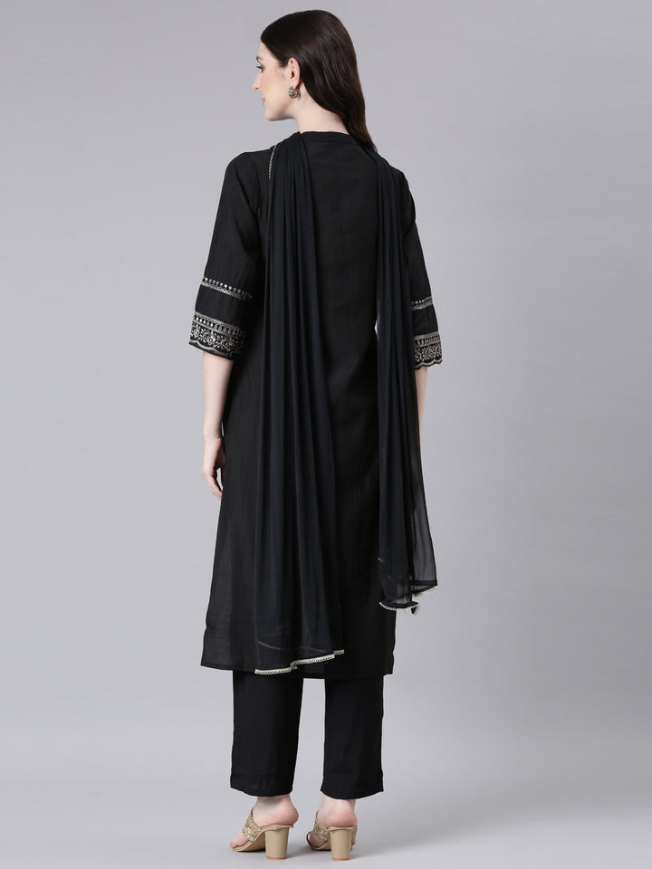 Neerus Black Solid Straight Kurta and Trousers With Dupatta