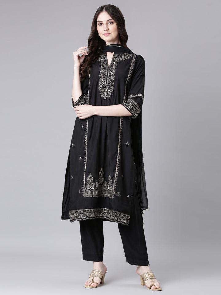 Neerus Black Solid Straight Kurta and Trousers With Dupatta
