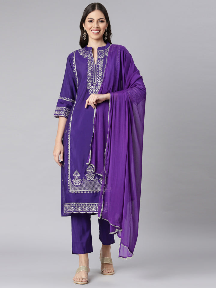 Neerus Purple Solid Straight Kurta and Trousers With Dupatta