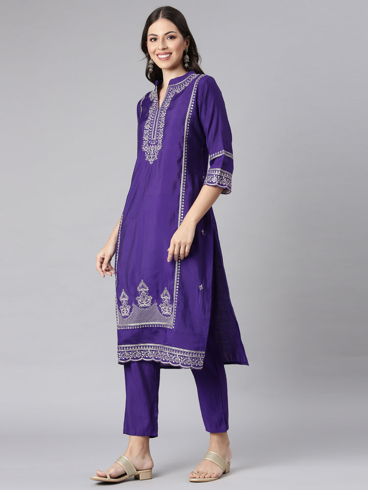 Neerus Purple Solid Straight Kurta and Trousers With Dupatta