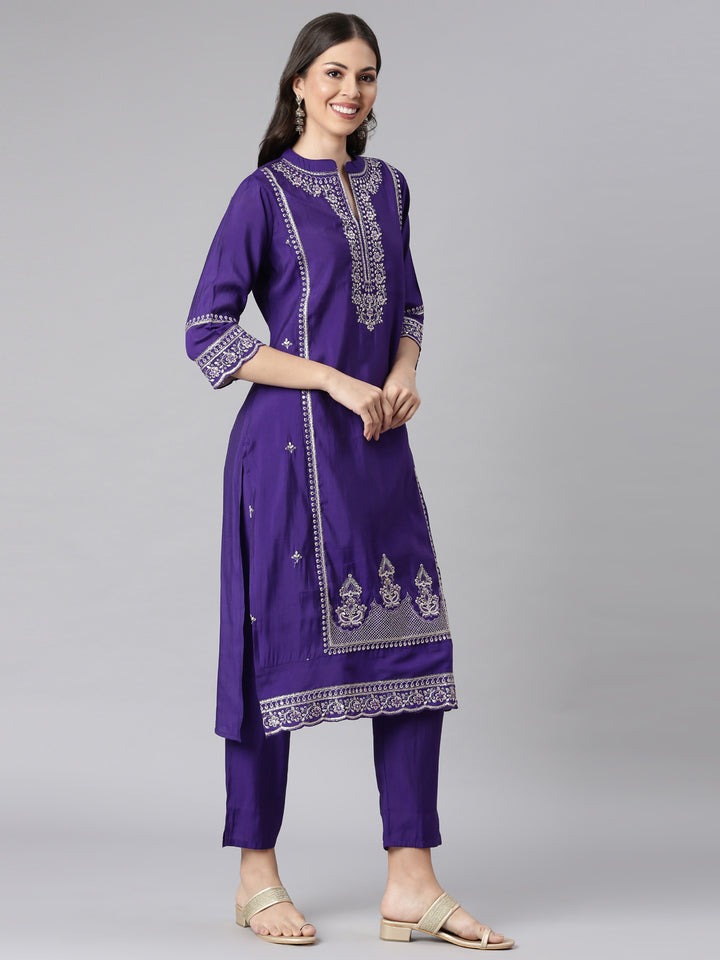 Neerus Purple Solid Straight Kurta and Trousers With Dupatta